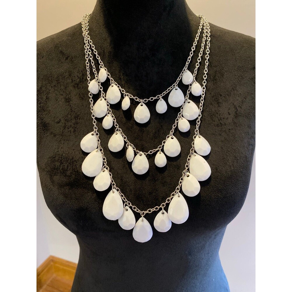 Multi-layer Statement Waterfall Necklace with 3 Tiers of White Teardrop Jewelry - Picture 2 of 6